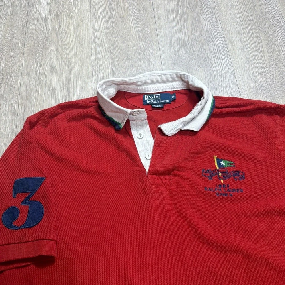 Vintage 90's Polo Ralph Lauren Rugby Shirt Yacht Club #3 Embroidered Mens XL Red - Picture 1 of 7